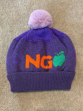 Purple Pom Pom Beanie Knit Hat with Orange 'NG' and Green Apple